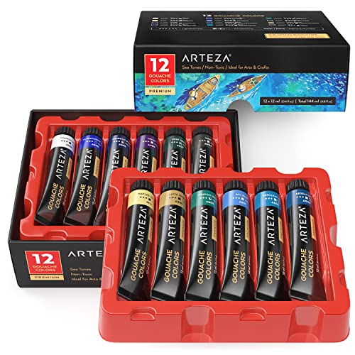 ARTEZA Gouache Farben Set, Malset für Erwachsene 12 Farben, Meeresfarben, 12 ml Tuben, undurchsichtige Farbe auf Wasserbasis für Leinwand und Papier, Künstlerbedarf für Profis, Studenten und Kinder von ARTEZA