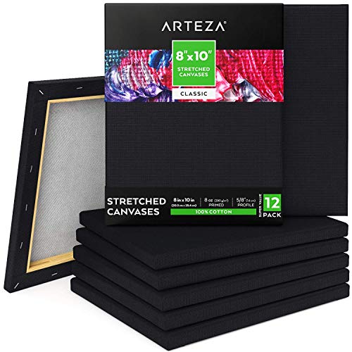 ARTEZA Leinwand Keilrahmen schwarz, 20.3x25.4cm, 12 schwarze Keilrahmen grundiert, 100% Baumwolle, Canvas für Malerei, Acrylgießen, Ölfarben & nasse Kunstmedien, Leinwände für Profis & Hobbymaler von ARTEZA