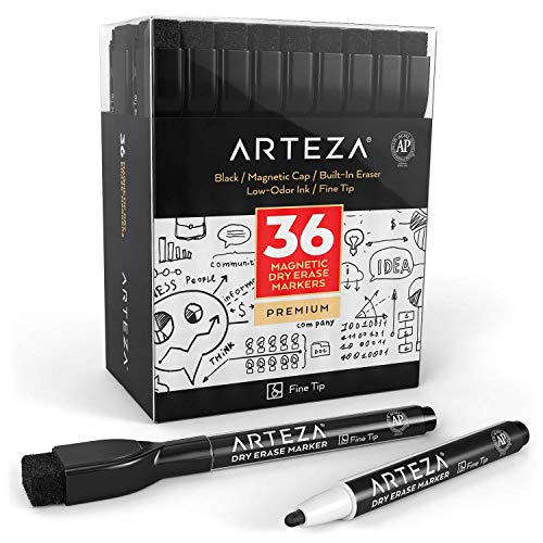 Arteza magnetische Whiteboard Marker in Schwarz, 36 Whiteboard Stifte mit feiner Spitze, trocken abwischbare Stifte für Magnettafeln, Boardmarker mit Filz-Radierer für Büro oder Schule von ARTEZA