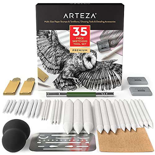 ARTEZA Papierwischer Set für Erwachsene, Set mit 35 Skizzierwerkzeugen und Detailing-Zubehör, Kunstbedarf für Profis, Studenten und Hobbyisten von ARTEZA