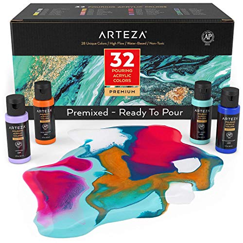 ARTEZA Pouring Acrylfarbe, 32 Stück-Set, 60 ml Flaschen mit vielen Farbtönen, flüssige Gießfarbe, kein Mischen erforderlich, Farbe zum Gießen auf Leinwand, Glas, Papier, Holz, Fliesen und Steine von ARTEZA