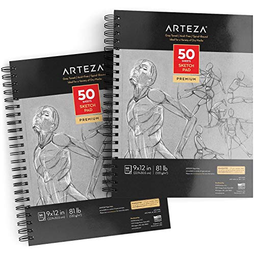 Arteza Skizzenblock, 22.9 cm x 30.5 cm, Zeichenblock 2er-Set mit jeweils 50 Blättern, 120 g/m² schweres Papier, Malblock mit Spiralbindung, graues Zeichenpapier, für viele trockene Medien von ARTEZA