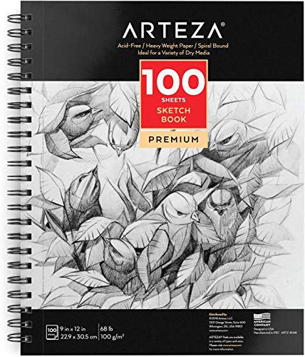 Arteza Skizzenblock 100 Blatt, spiralgebundener Zeichenblock 22.9 x 30.5 cm mit säurefreiem Zeichenpapier 68 lb/ 100 gsm für Künstler und Hobbymaler von ARTEZA