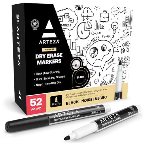 ARTEZA Whiteboard Marker mit feiner Spitze, 52 Whiteboard Stifte in Schwarz, trocken abwischbare Boardmarker für Zuhause, Büro oder Schule, 1 Stück (52er Pack) von ARTEZA