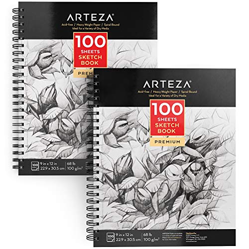 ARTEZA Zeichenblock 22.9 x 30.5 cm 2er-Pack, spiralgebundene Skizzenblöcke je 100 Blatt, robustes säurefreies Zeichenpapier 68 lb/ 100gsm für Erwachsene und Kinder von ARTEZA