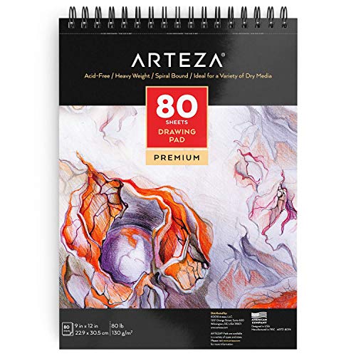 Arteza Zeichenblock 9"x 12" (22.9x30.5 cm), spiralgebundenes Skizzenbuch mit 80 Blatt, robustes säurefreies Zeichenpapier (80lb/130g), Künstler Skizzenblock für Kinder & Erwachsene von ARTEZA