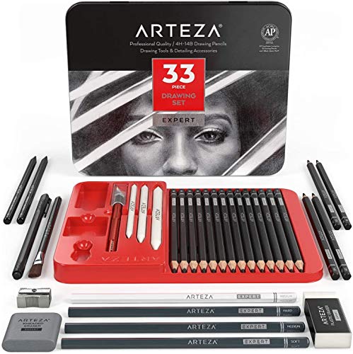 ARTEZA Zeichenset für Erwachsene, Zeichenstifte Set mit 33 Malwerkzeugen, beinhaltet 20 Graphit- und 4 Kohlestifte, 1 Fineliner, 3 Papierwischer, 1 Anspitzer, 3 Radiergummis und 1 Hobbymesser von ARTEZA