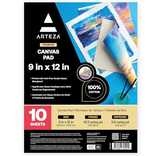 Arteza 22,9 x 30,5 cm Leinwandblock, 10 Blatt Leinwand Papier, 100% Baumwolle, grundiert mit säurefreiem Gesso, klebegebundener Maltuch Block aus Canvas-Papier für Acryl- und Ölfarben & Mischtechniken von ARTEZA