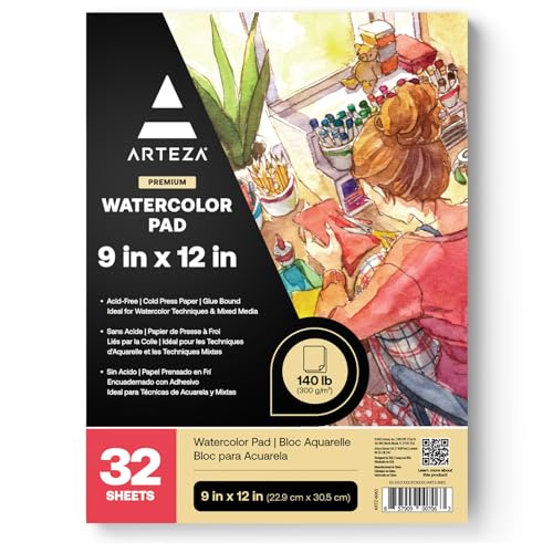 Arteza 9"x12" Aquarellblock (22.9x30.5 cm), 32 Blatt Aquarellpapier 140lb/300gsm, kaltgepresstes säurefreies Wasserfarben Papier, klebegebundener Malblock für Aquarell & Mischtechniken von ARTEZA