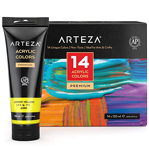 ARTEZA Acrylfarben, Set mit 14 Farbtuben, 120 ml Acrylfarbe pro Tube, Künstler Farben für Leinwand, Steine, Holz, Künstlerbedarf für Acrylmalerei von ARTEZA