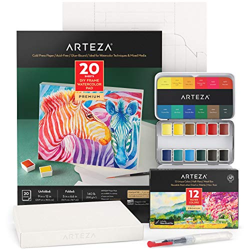 Arteza Aquarell Set, Aquarellfarben Set mit faltbarem Leinwandblock, Künstler Malset für Erwachene und Kinder von ARTEZA