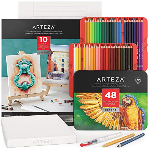 Arteza Aquarell Set mit 48 Aquarell-Buntstiften, Aquarellstifte Set und faltbarer Leinwandblock, Malset für Erwachsene, Künstlerbedarf für Kinder, Profis und Hobbymaler von ARTEZA