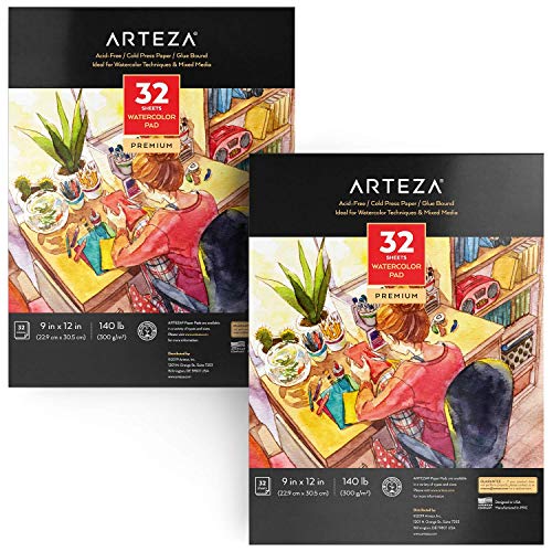 Arteza Aquarellblock, DIN A4 Aquarellpapier, 2 Stück Set mit 32 Blättern pro Malblock, weißes Malpapier für Wasserfarben und gemischte Malmedien von ARTEZA