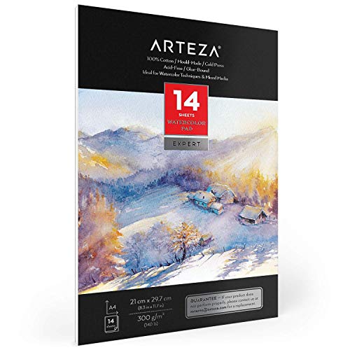 Arteza Aquarellblock A4 210x297 mm, 14 Blatt 140lb / 300gsm, klebegebundenes doppelseitiges säurefreies Aquarellpapier, 100% Baumwolle, für Aquarelltechniken und Mischtechnik von ARTEZA