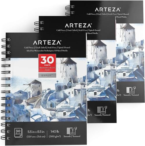 Arteza Aquarellblock Expert, 13.9 x 21.6 cm, 3 Stück Set, 300 g/m² weißes Aquarellpapier, Malpapier für Wasserfarben und gemischte Malmedien, 30 Blätter pro Malblock mit Spiralbindung von ARTEZA