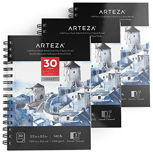 Arteza Aquarellblock Expert, 13.9 x 21.6 cm, 3 Stück Set, 300 g/m² weißes Aquarellpapier, Malpapier für Wasserfarben und gemischte Malmedien, 30 Blätter pro Malblock mit Spiralbindung von ARTEZA