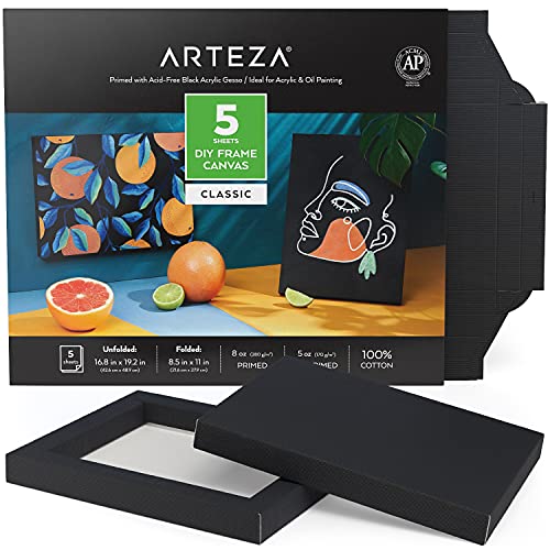 Arteza DIY Leinwand Rahmen, 5 Blatt, 21.33 x 27.94 cm – gefaltet, 100% Baumwolle, 226.79g schwarze Leinwand zum Bemalen, Malkarton für Acrylfarben, Ölmalerei und Zeichnungen Arteza DIY Leinwand Rahmen, 5 Blatt, 21.33 x 27.94 cm – gefaltet, 100% Baumwolle, 226.79g schwarze Leinwand zum Bemalen, Malkarton für Acrylfarben, Ölmalerei und Zeichnungen von ARTEZA
