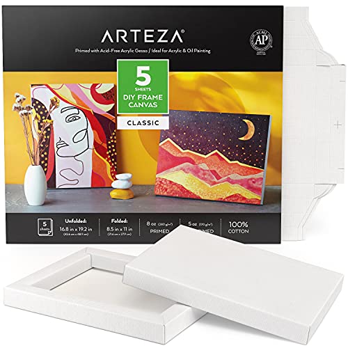 Arteza DIY Leinwand Rahmen, 5 Blatt, 21.33 x 27.94 cm – gefaltet, 100% Baumwolle, 226.79g weiße Leinwand zum Bemalen, Malkarton für Acrylfarben, Ölmalerei und Zeichnungen von ARTEZA