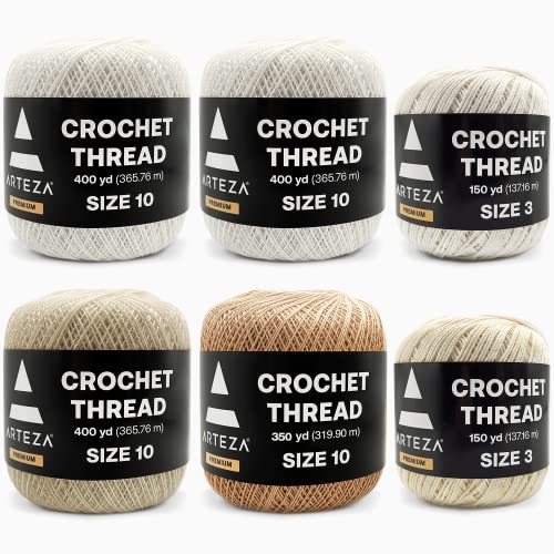 Arteza Häkelgarn-Set - 6er-Pack 100% Baumwollgarn zum Häkeln, merzerisiert - Größe 10 in Weiß, Beige & Natur - Größe 3 in Weiß & Natur - Weiches und farbenfrohes Strick- & Häkelzubehör von ARTEZA