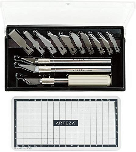 Arteza Hobbymesser Set, 3 Griffe und 13 verschiedene Skalpell-Ersatzklingen, praktische Schneidematte, Bastelmesser-Set in Aufbewahrungsbox von ARTEZA