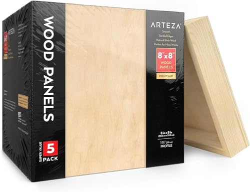 Arteza Hölzernes Leinwandbrett, 20,3 x 20,3 cm (8 x 8 Zoll), Birkenholz, gehaltene Künstler-Holztafel zum Malen, für enkaustische Kunst, Holzbrennen, Ausgießen, zur Verwendung mit Ölen und Acrylfarben, 5 Stück von ARTEZA