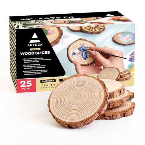 Arteza Holzscheiben, 25 Stück, 8.9-10.2 cm Durchmesser, 1 cm Dicke, runde Holzscheiben für Handwerk, Tischdekoration, Weihnachtsdeko & Gemälde, geschliffene & polierte Baumscheiben mit Rinde von ARTEZA