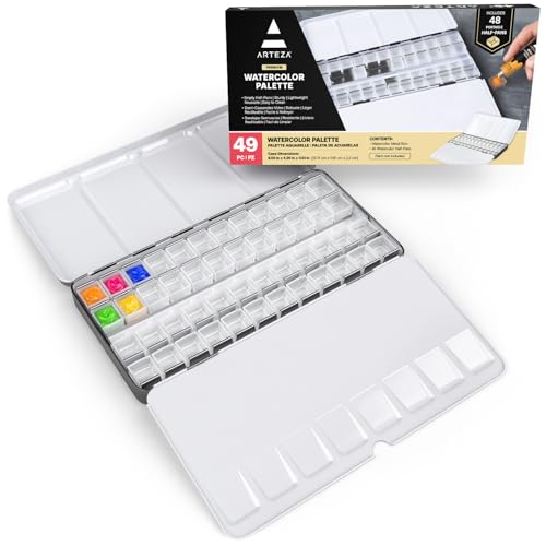 Arteza Leerer Aquarellkasten, Blechkasten mit 48 Halb-Näpfchen aus Plastik, zur Aufbewahrung von Acryl-, Öl- und Aquarellfarben, für Reisende Künstler und Studenten Arteza Leerer Aquarellkasten, Blechkasten mit 48 Halb-Näpfchen aus Plastik, zur Aufbewahrung von Acryl-, Öl- und Aquarellfarben, für Reisende Künstler und Studenten von ARTEZA