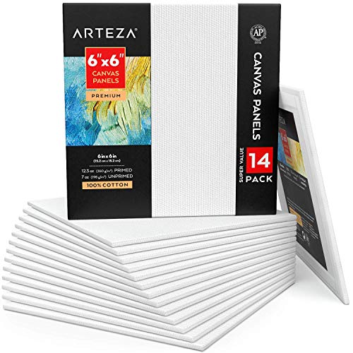 Arteza Leinwand quadratisch 14er-Pack, 15.2 x 15.2 cm weißer Malkarton, 100% Baumwolle, grundierte Malpappe 350 g/m², für Acryl, Ölfarben und Nass-Art Medien, Leinwände für Künstler & Hobbymaler von ARTEZA