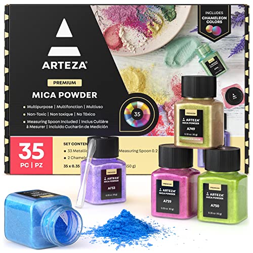 Arteza Mica Pulver für Epoxidharz, 35 Farbtöne, Glimmerpulver in 10ml Flaschen für Farben, zur Herstellung von Kerzen und für andere DIY-Projekte von ARTEZA