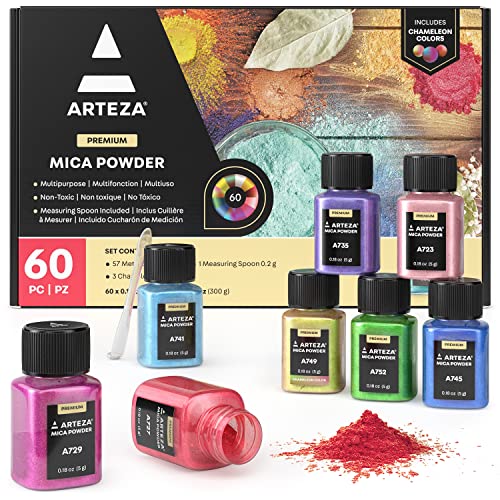 Arteza Mica Pulver für Epoxidharz, 60 Farbtöne, Glimmerpulver in 5ml Flaschen für Farben, zur Herstellung von Kerzen und für andere DIY-Projekte von ARTEZA