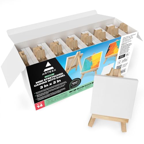 Arteza Mini Leinwand mit Staffelei, Leinwand klein 7.6 x 7.6 cm, 100% Baumwolle, grundierte mini Keilrahmen 14er Pack, kleine Leinwand zum Bemalen, Acryl Pouring, für Ölfarben & nasse Kunsttechnicken Arteza Mini Leinwand mit Staffelei, Leinwand klein 7.6 x 7.6 cm, 100% Baumwolle, grundierte mini Keilrahmen 14er Pack, kleine Leinwand zum Bemalen, Acryl Pouring, für Ölfarben & nasse Kunsttechnicken von ARTEZA