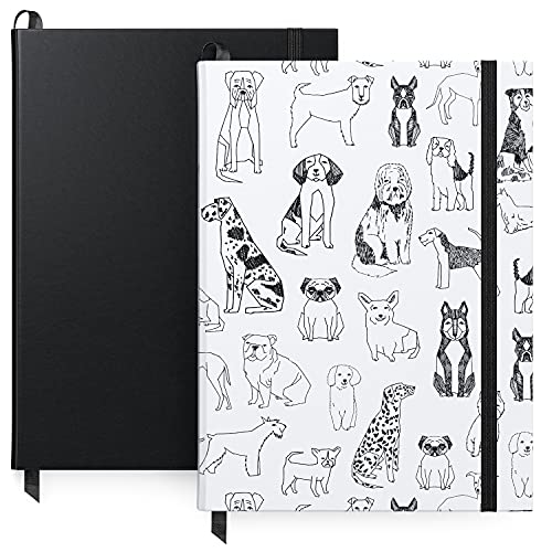 ARTEZA Notizbücher liniert, Hardcover Notizbuch 2er Set, 15,2 x 20,3 cm, je 96 Blatt, Hunde Design und einfarbig Schwarz, 2x Notizbuch liniert mit glattem Papier, Zum Planen, Schreiben und Skizzieren von ARTEZA