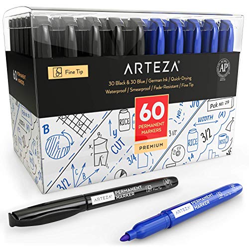 Arteza Permanentmarker 60 Stück, Set mit 30 schwarzen & 30 blauen Markern, wasserfeste Stifte, schnell trocknende Permanent-Stifte mit feinen Spitzen für viele Oberflächen von ARTEZA