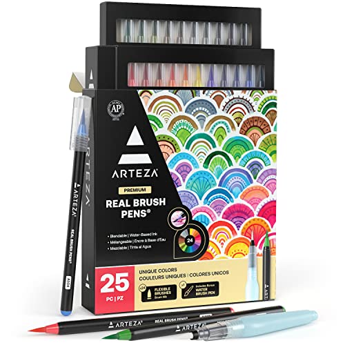 Arteza Pinselstifte, Set mit 24 Stiften in verschiedenen Farben, hochwertige Brush Pen Fasermaler, Aquarell-Pinselstifte auf Wasserbasis, für Kalligraphie, Handlettering, Ausmalen von ARTEZA