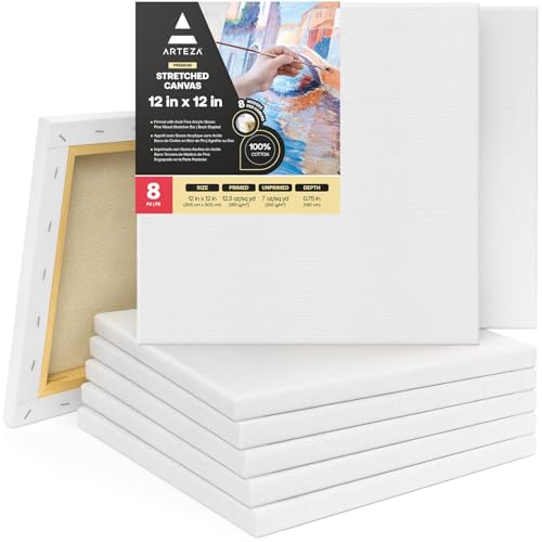 Arteza Premium Leinwand Keilrahmen, 30.4 x 30.4 cm, 8 bespannte Keilrahmen, 100% Baumwolle grundiert mit säurefreiem Titan-Acryl-Gesso, Leinwände für Acrylmalerei, Ölfarben & nasse Kunstmedien von ARTEZA