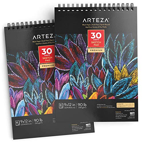 Arteza Schwarzer Skizzenblock, 229 x 305mm 2er-Set, spiralgebundene Sketchbooks mit je 30 Blättern, 150g/m² säurefreies dickes Papier, für Graphit- und Buntstifte, Kohle, Ölpastelle, Gelschreiber von ARTEZA