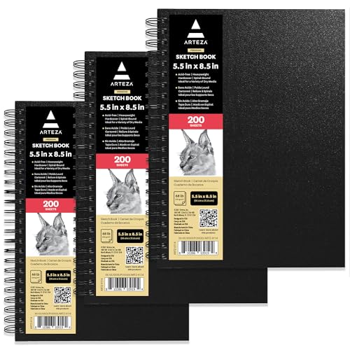 Arteza Skizzenbuch mit Spiralbindung 3er-Pack 300 Blatt insgesamt, 14 x 21.6 cm, schwarzer Skizzenblock, 100 GSM, Hardcover-Sketchbook, für Bleistifte, Kohle, Kugelschreiber, Wachsmalstifte Arteza Skizzenbuch mit Spiralbindung 3er-Pack 300 Blatt insgesamt, 14 x 21.6 cm, schwarzer Skizzenblock, 100 GSM, Hardcover-Sketchbook, für Bleistifte, Kohle, Kugelschreiber, Wachsmalstifte von ARTEZA
