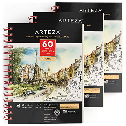 Arteza Zeichenblock 140 x 216mm, Mixed Media Sketchbook, spiralgebundener Skizzenblock mit 60 Blättern, 180 gms säurefreies Papier, 3 Stück Arteza Zeichenblock 140 x 216mm, Mixed Media Sketchbook, spiralgebundener Skizzenblock mit 60 Blättern, 180 gms säurefreies Papier, 3 Stück von ARTEZA