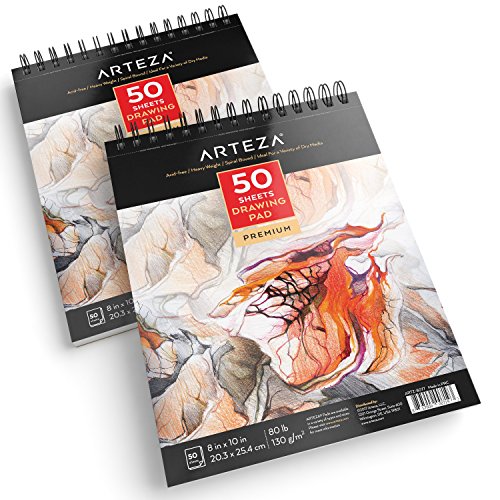 Arteza Zeichenblock 2er-Pack 20.3 x 25.4 cm, 50 Blatt Zeichenpapier 80 lb/ 130 gsm, Skizzenblock Set mit Spiralbindung für Künstler, Profis und Hobbymaler von ARTEZA