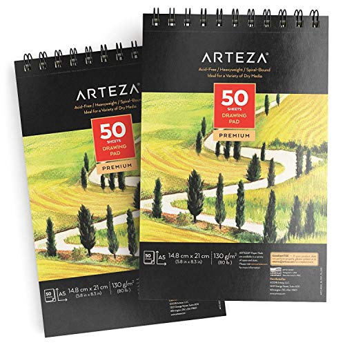 ARTEZA Zeichenblock DIN A5, Malblock mit Spiralbindung, weißes (148x210 mm) Zeichenpapier, 50 Blätter 2er-Set von ARTEZA