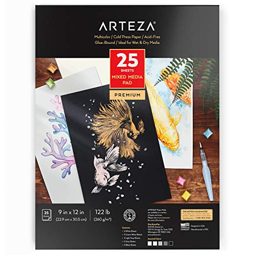 Arteza farbiger Aquarellblock, 25 Blatt, 22.86 x 30.48 cm, geklebt, 5 Farbtöne farbiges Aquarellpapier: Weiß, Creme, Hellgrau, Grau und Schwarz von ARTEZA