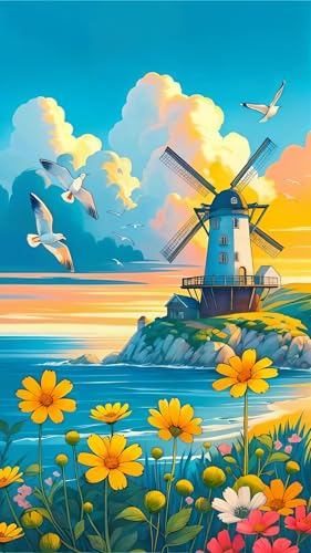 ARTGOTO Diamond Painting Eckige Steine Groß XXL Bilder Erwachsene,40x70cm Landschaft Meer Windmühle A,5D Diamant Painting Set Viereckige Quadratische Steine mit Zubehör Für Wohnzimmer Dekoration von ARTGOTO