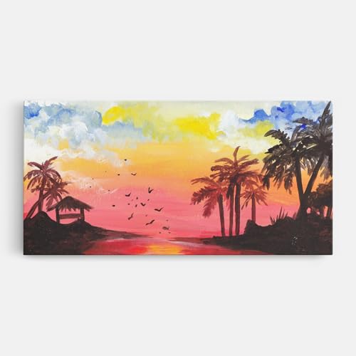 ARTHUB® Leinwandbild 60x120 cm, Gouache Painting | Wohnzimmerdekoration, Hängende Bilder, Wanddekoration, Heimdekoration, Landschaften, Sonnenuntergang von ARTHUB