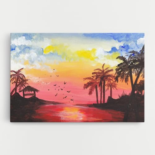 ARTHUB® Leinwandbild 80x120 cm, Gouache Painting | Wohnzimmerdekoration, Hängende Bilder, Wanddekoration, Heimdekoration, Landschaften, Sonnenuntergang von ARTHUB