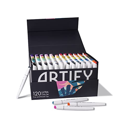 ARTIFY 120 Ultra Colors Art Marker, Fine & Broad Dual Tips Professionelle Künstlermarker im Etui, Drawing Marker Set mit Tragetasche, Geschenkverpackung von ARTIFY art supplies