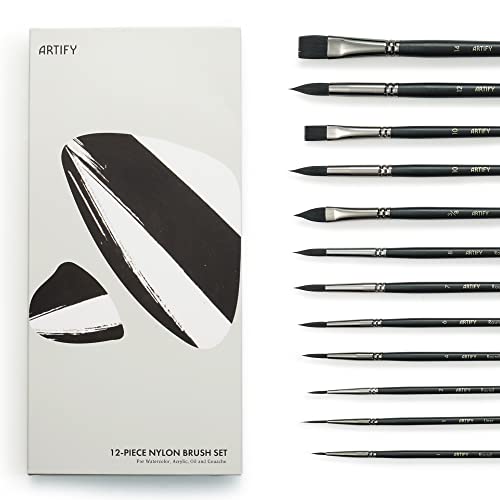 ARTIFY Aquarell Pinsel Set-12 Pcs, Pinsel Set malen, Pinsel Set für Acryl, Gouache Ölgemälde, Aquarell-Pinsel-Set weiche synthetische Nylonbürsten, Pinsel Set Spitze Runde, flach, Katzenzunge von ARTIFY art supplies