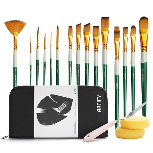 ARTIFY Pinselset Acrylfarben - 18 Stück Pinsel Acrylfarbe mit Organisationstasche Palettenmesser und 2 Schwämmen, für Acryl, Aquarell, Öl,Gouache, Steinmalerei von ARTIFY art supplies