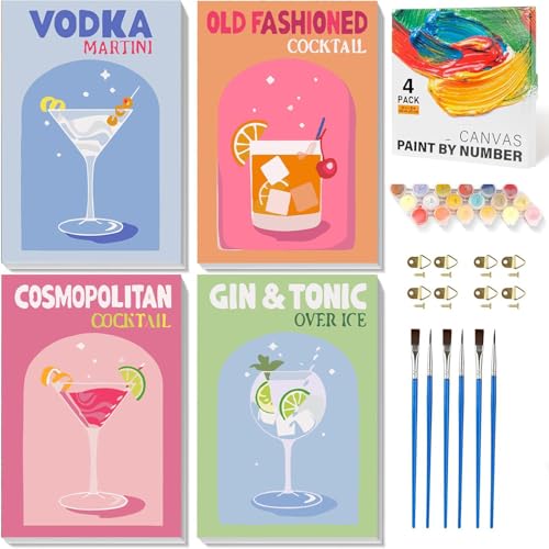 ARTOWN 4 Stück Malen Nach Zahlen Erwachsene DIY Paint by Numbers Handgemalt Ölgemälde Kits mit Pinseln und Acrylfarben Leinwand für Kinder Anfänger Ohne Rahmen Cocktail A 20x30cm von ARTOWN