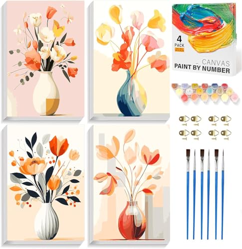 ARTOWN 4 Stück Malen Nach Zahlen Erwachsene DIY Paint by Numbers Handgemalt Ölgemälde Kits mit Pinseln und Acrylfarben Leinwand für Kinder Anfänger Ohne Rahmen Vase 20x30cm von ARTOWN