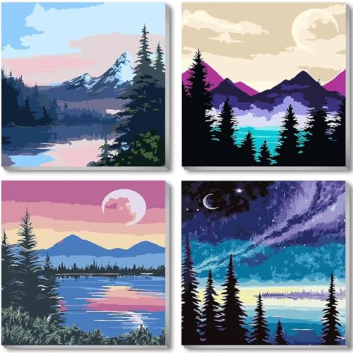 ARTOWN 4 Stück Malen Nach Zahlen Erwachsene DIY Paint by Numbers Handgemalt Ölgemälde Kits mit Pinseln und Acrylfarben Leinwand für Kinder Anfänger Ohne Rahmen Waldlandschaft 20x20cm von ARTOWN